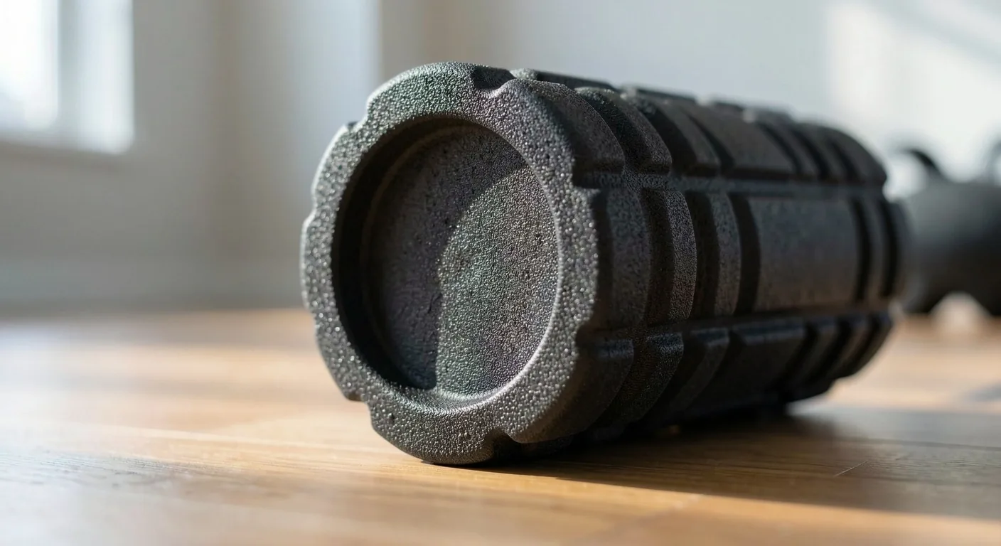 Close-up of a high-density foam roller on a studio floor
