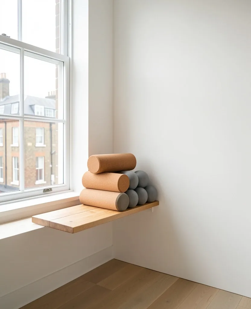 Studio corner with foam rollers and massage balls on a shelf