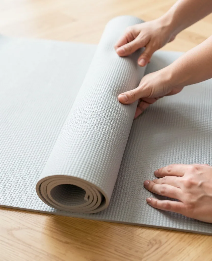 Unrolling a yoga mat at home