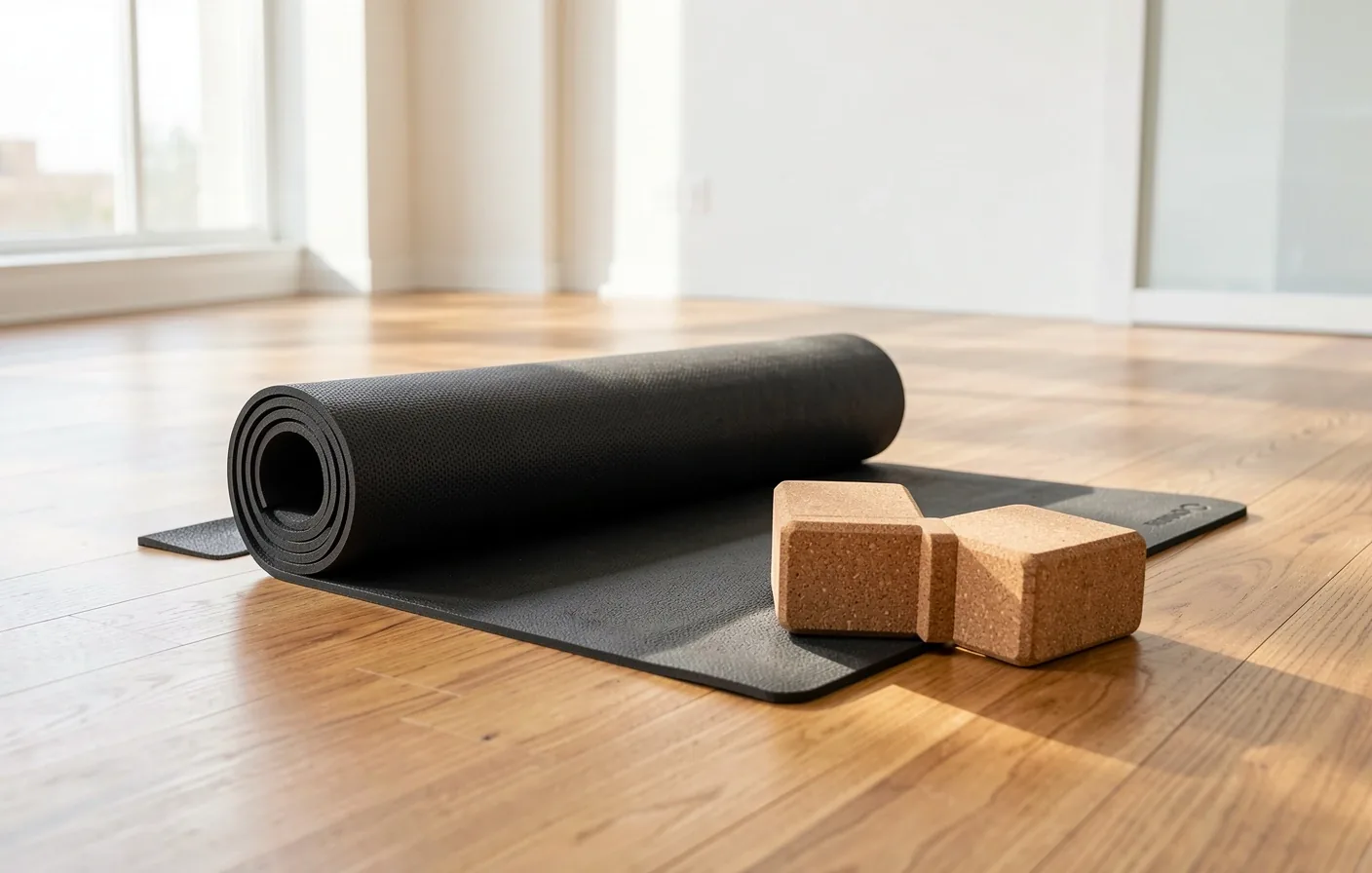 Yoga mat unrolled on a studio floor