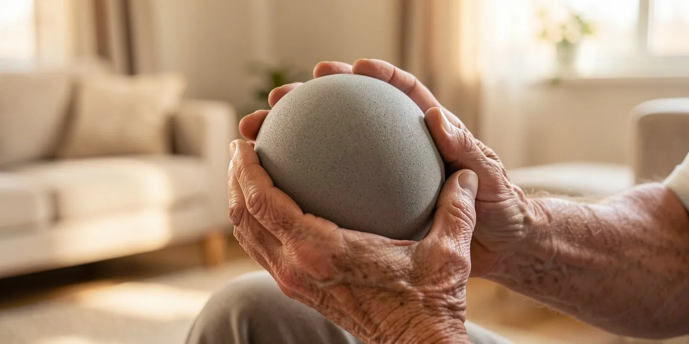 Hands holding a mobility aid ball